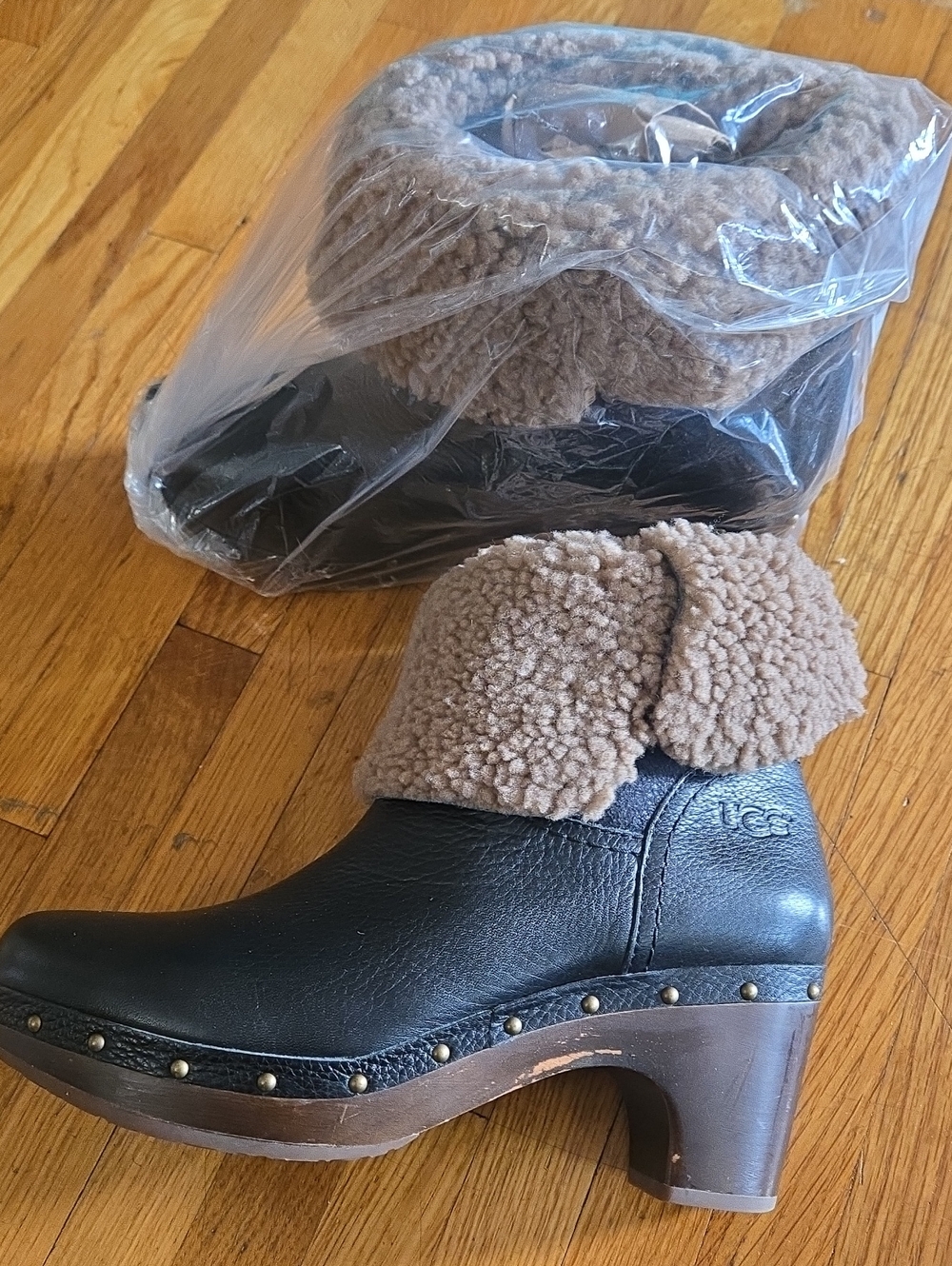UGG Black Leather Clog Boots with Tan Shearling Cuff